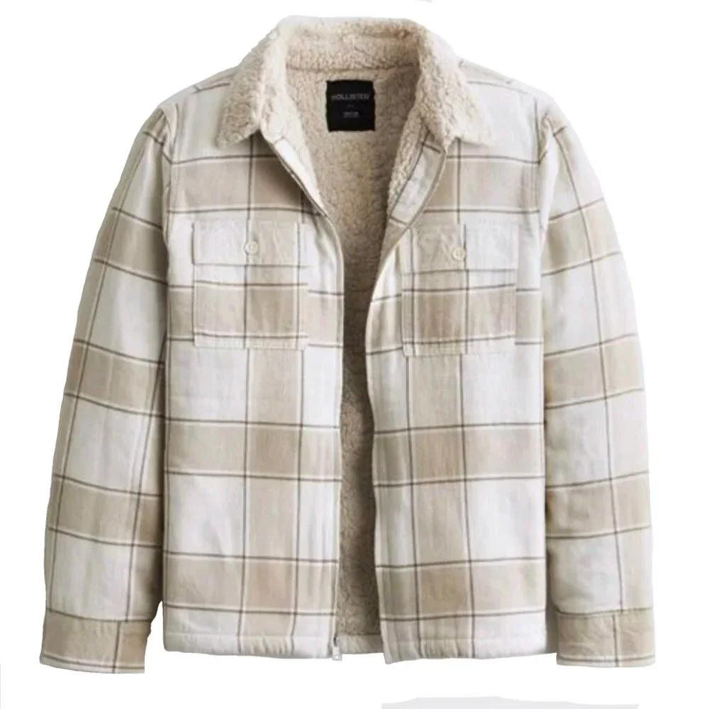 Hollister Sherpa-Lined Flannel Neutral Tan White Color Full Zip Shirt Jacket XL - Picture 1 of 16